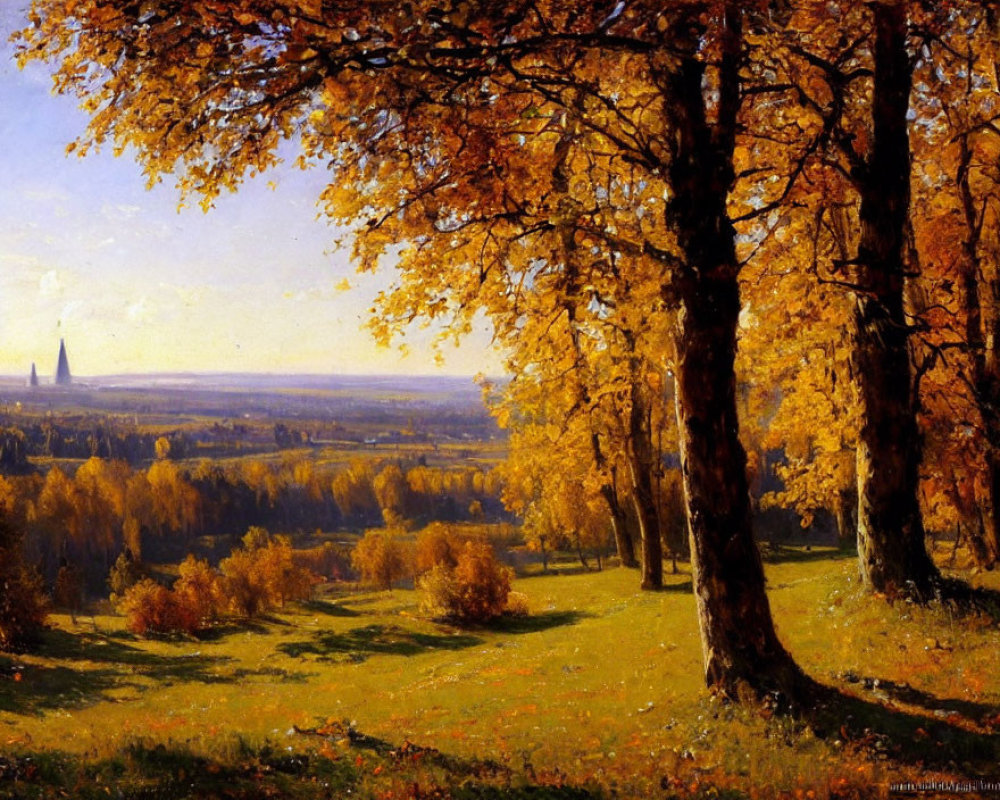 Golden Leaf-Covered Trees in Autumn Landscape