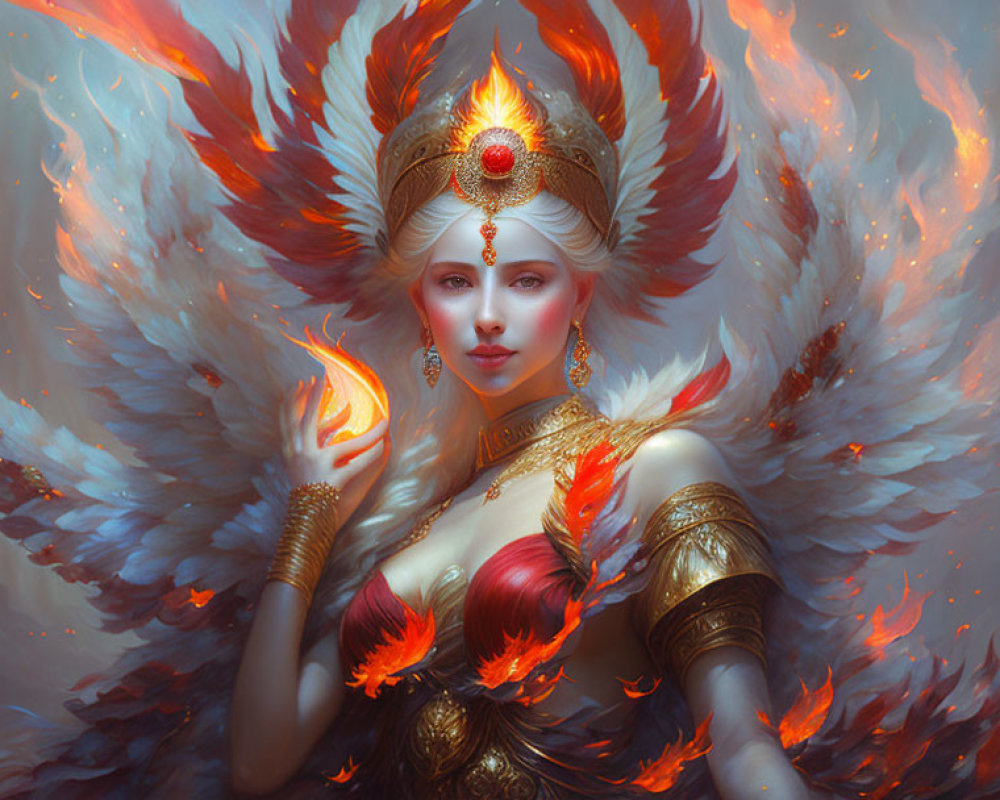 Ethereal woman with fiery wings, golden armor, feathered headdress, and flames.