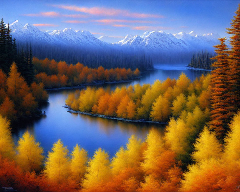 Scenic Autumn Landscape with River and Snow-Capped Mountains