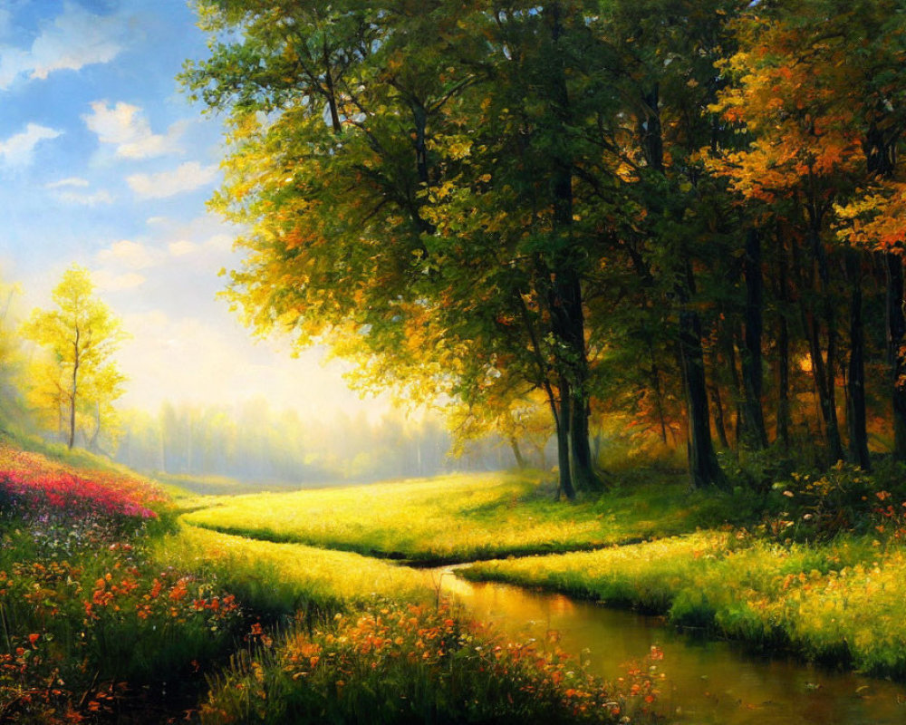 Tranquil autumn landscape with stream and lush trees