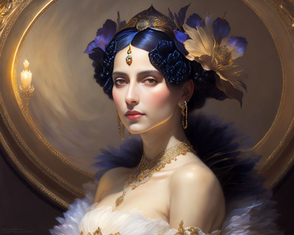 Digital portrait of woman with blue feathers, golden jewelry, ornate background, and lit candles.