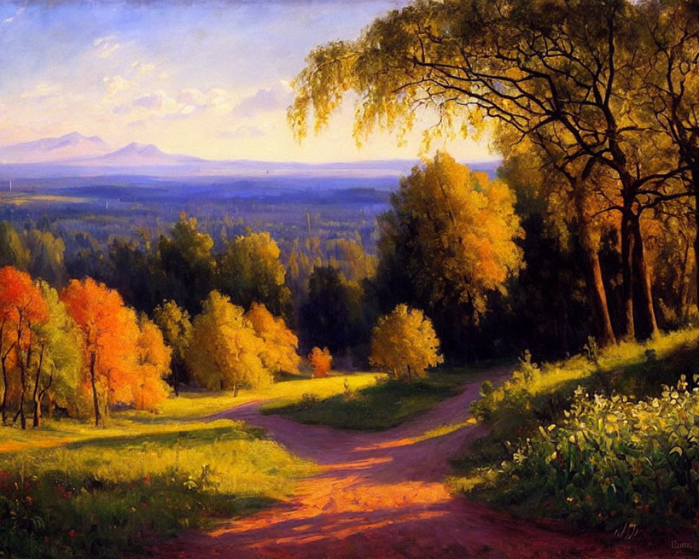 Autumn forest landscape with forked path and sunlight filtering through trees