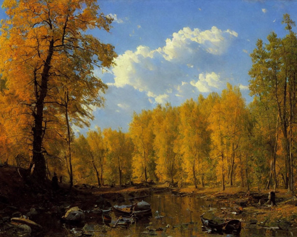 Tranquil autumn landscape with golden trees, river reflection, blue sky, and scattered logs