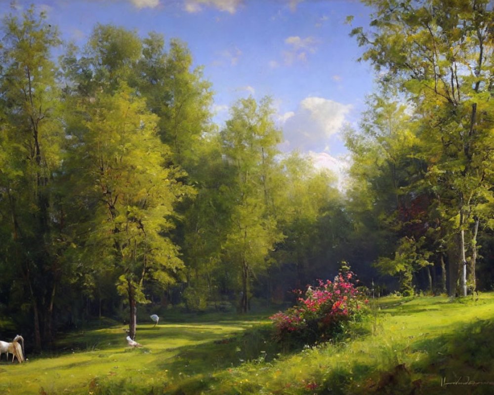 Tranquil landscape painting of sunny forest clearing with white horses