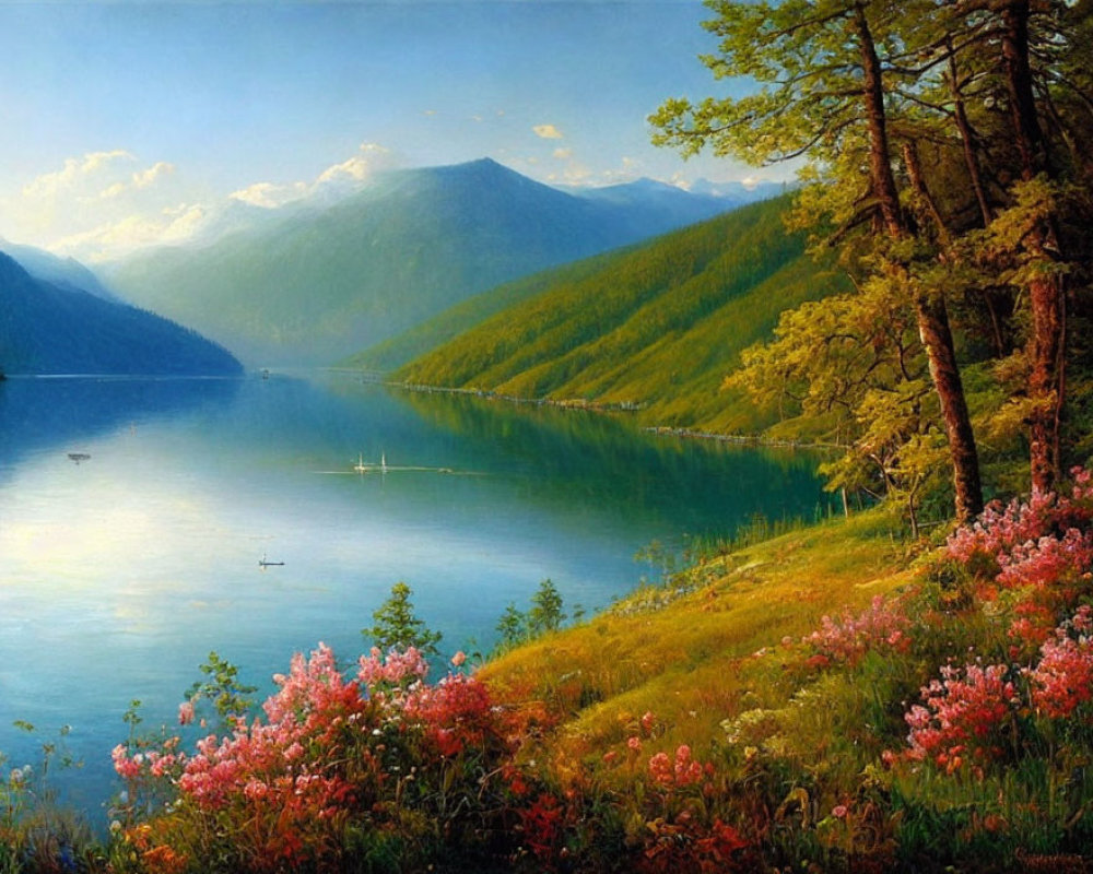Tranquil mountain lake scene with sailboats and wildflowers