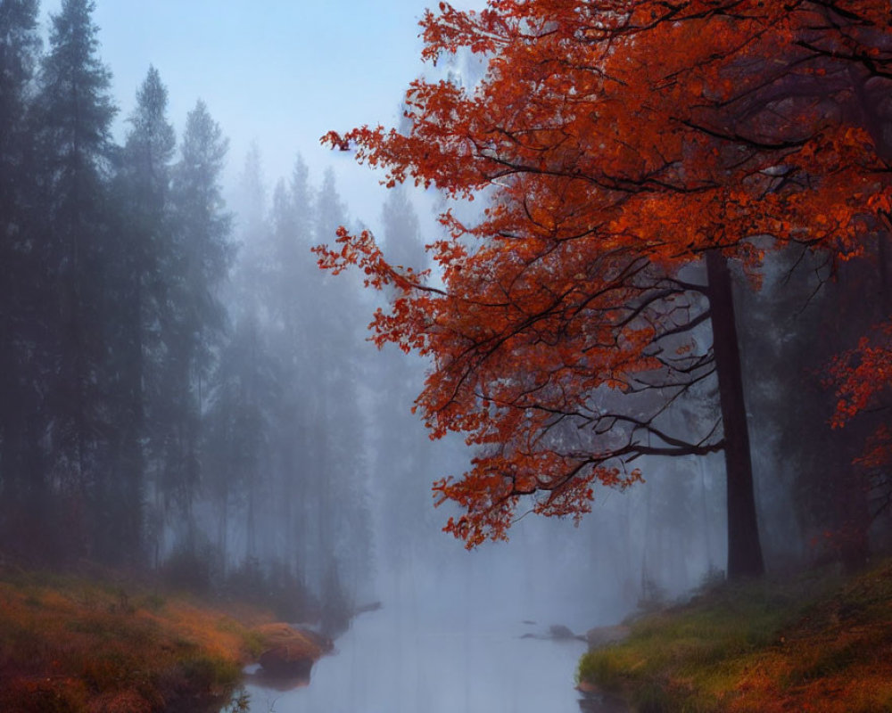 Tranquil autumn landscape with orange tree by misty river