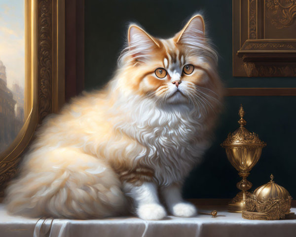 Fluffy long-haired cat with distinct markings beside golden urn and artwork