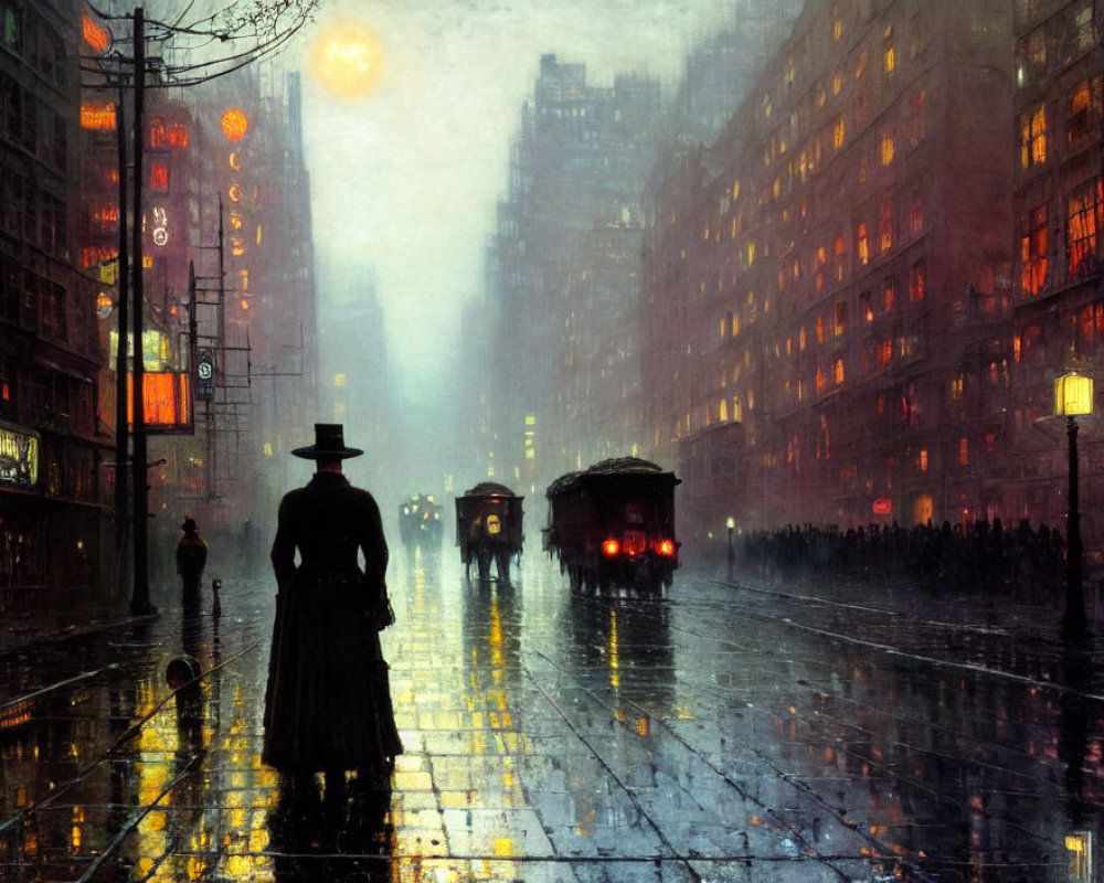 Person in hat and coat walking on rainy city street at night with vintage carriages and passersby