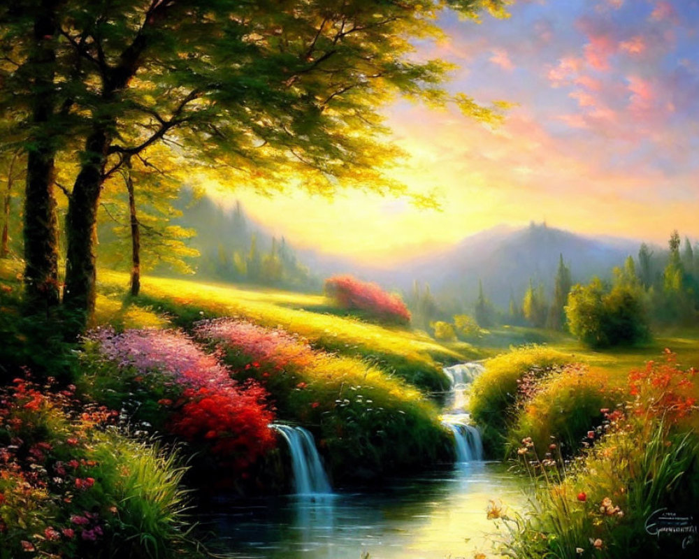 Tranquil landscape with waterfall, flowers, trees, and sunrise/sunset