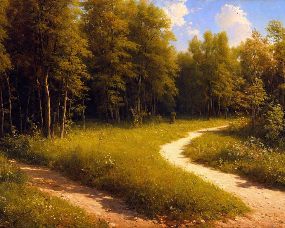 Tranquil forest scene with winding path, lush greenery, sunlight, and wildflowers