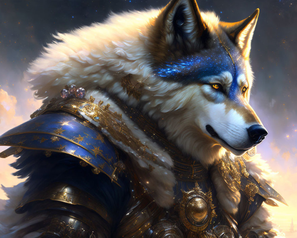 Majestic wolf in golden armor under twilight sky