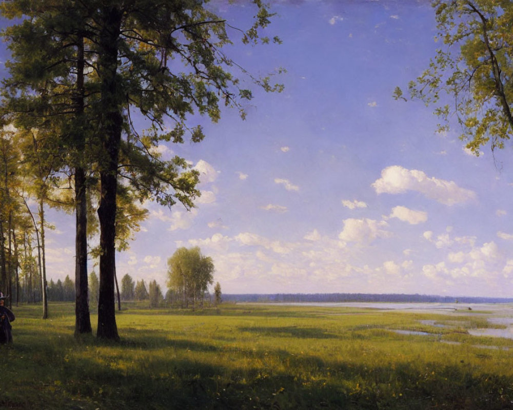Tranquil landscape painting with green meadow, figure, and cloudy sky