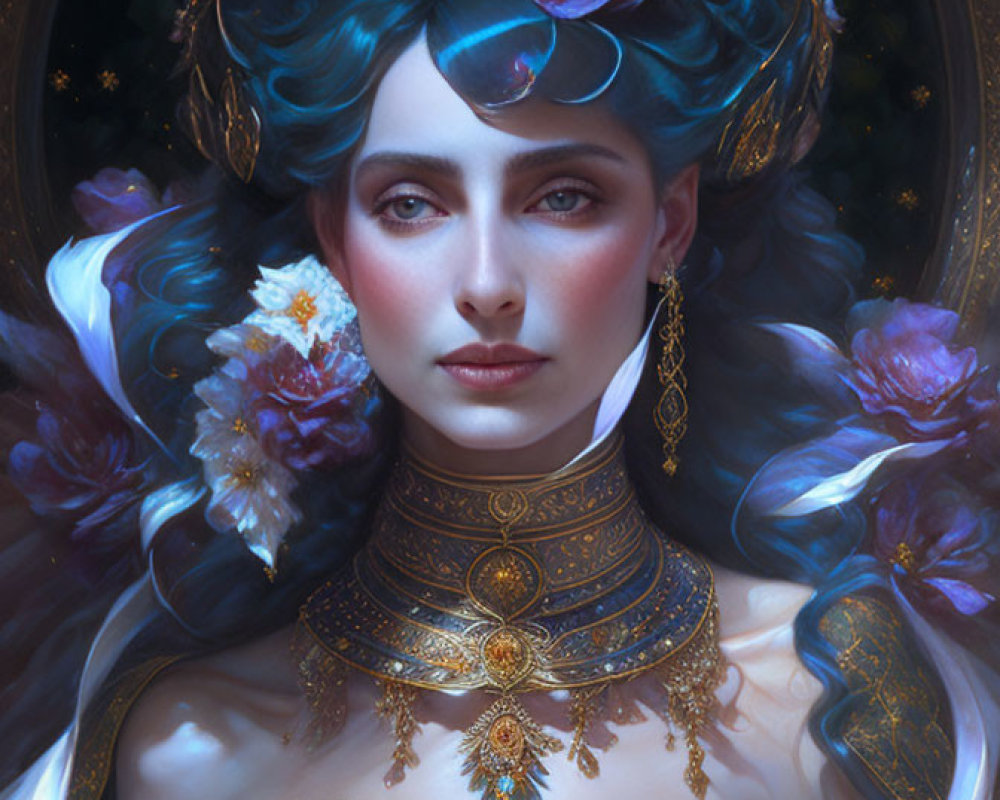 Ethereal woman with blue hair and floral crown in majestic fantasy scene