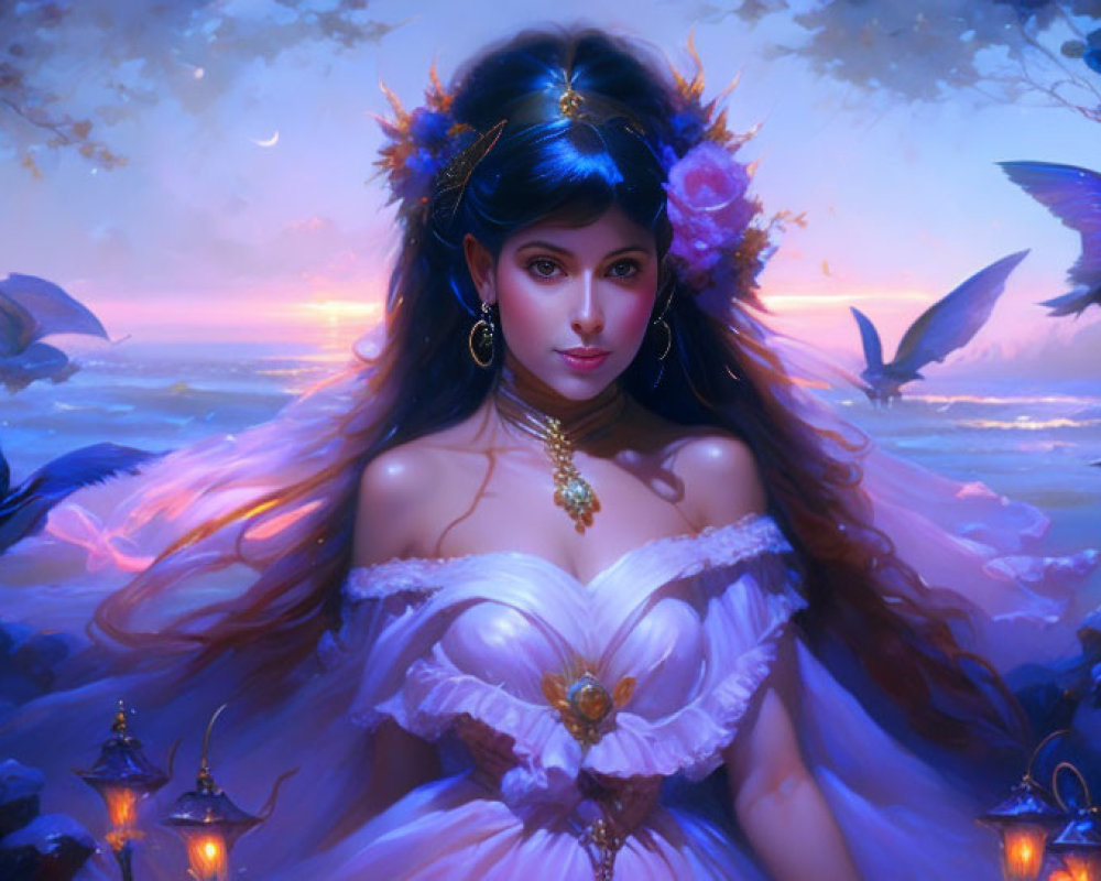 Dark-haired woman with floral crown in mystical forest with lanterns and ravens
