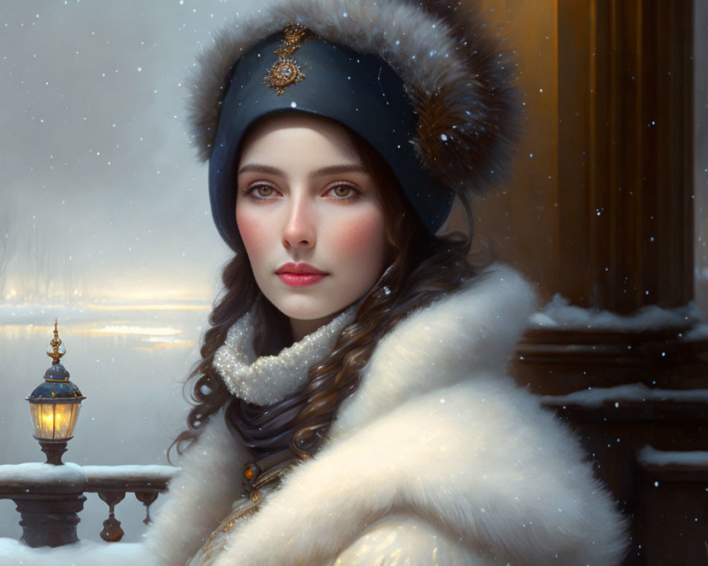 Woman in Winter Hat and White Fur Coat with Glowing Lantern in Snowy Scene