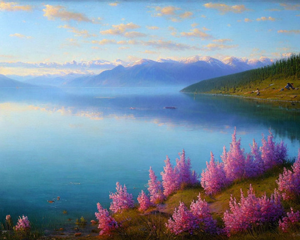 Tranquil lake scene with purple flowers, boats, mountains, and clouds