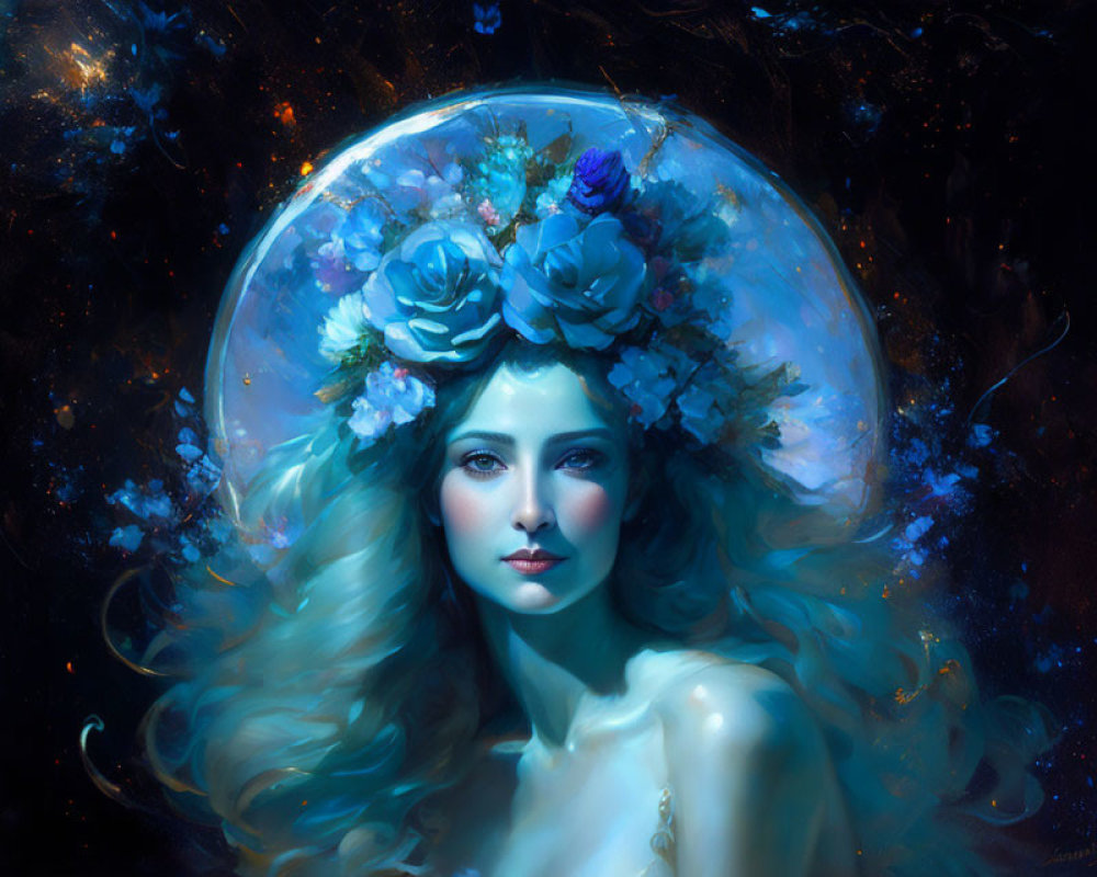 Blonde woman with floral crown in cosmic sphere artwork