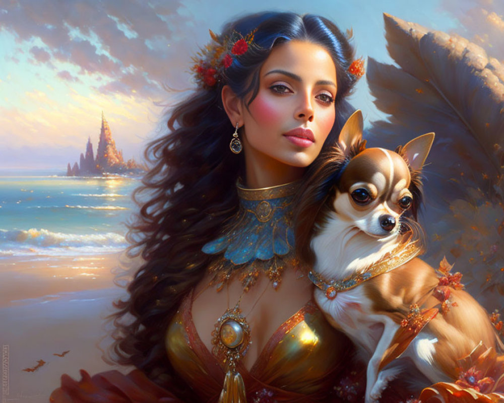 Woman with Dark Hair Holding Chihuahua by Ocean Castle