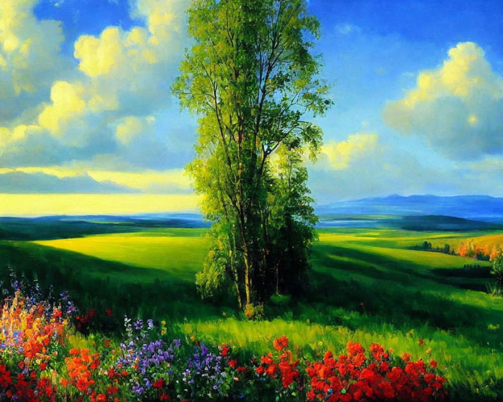 Vibrant green field with tall tree and wildflowers under blue sky