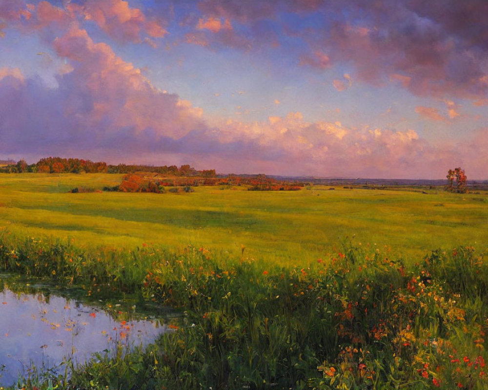 Tranquil landscape with green field, pond, and pink clouds