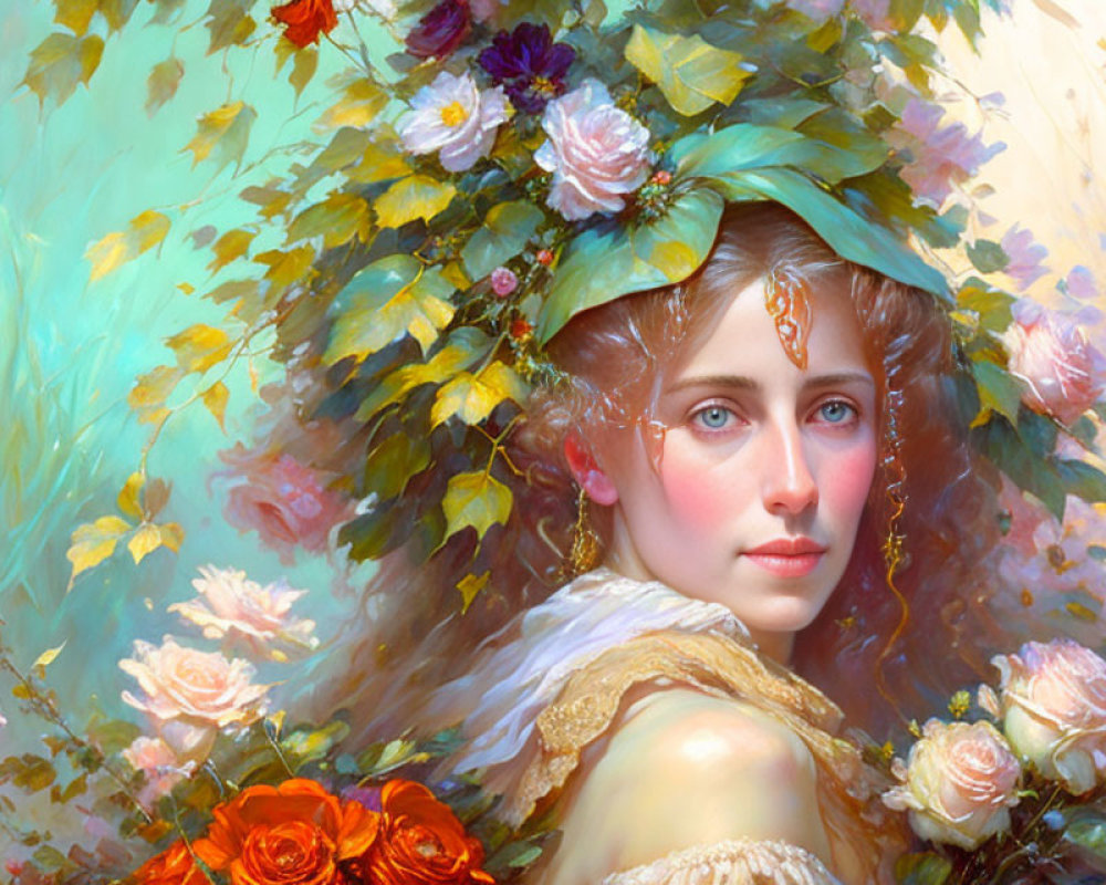 Woman with Floral Headdress: Serene Beauty in Nature's Frame