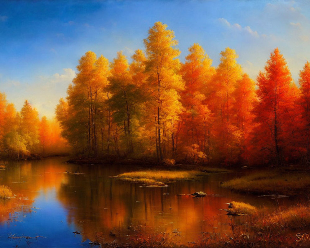 Autumn landscape: vibrant trees reflecting on calm river