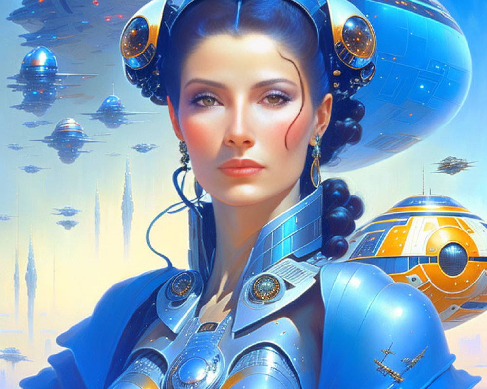 Futuristic sci-fi portrait of woman in stylized attire against floating cities and spacecraft