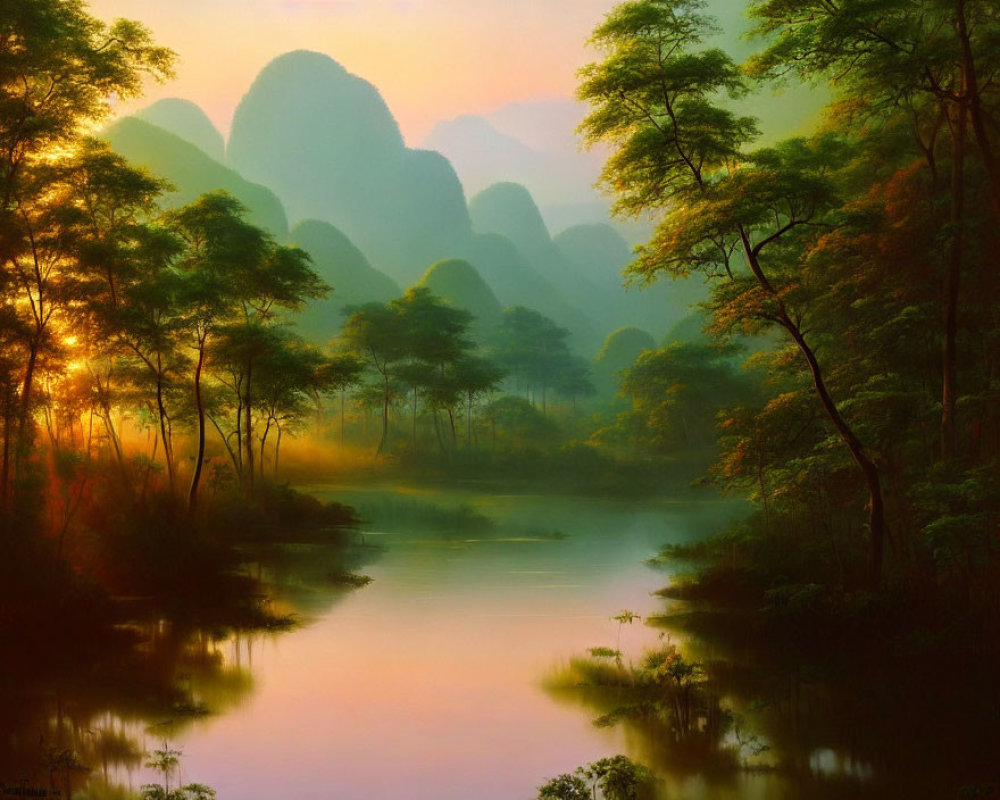 Tranquil sunrise river with tree reflections and misty forested hills