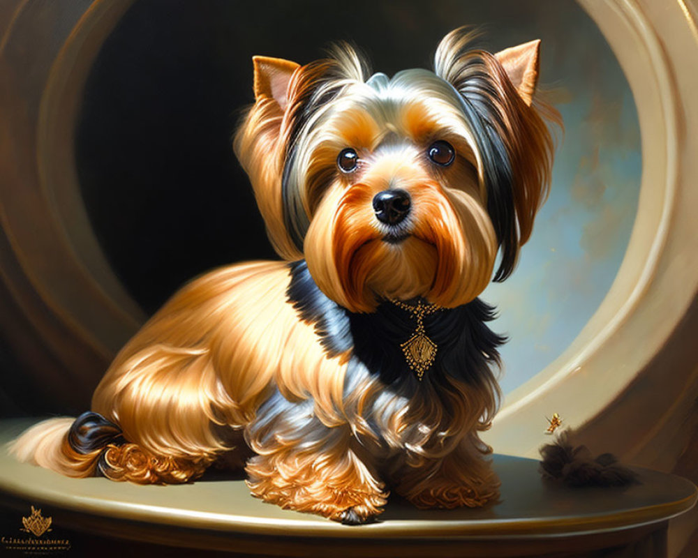 Realistic Yorkie painting with lustrous fur, table perch, fly, and ornate collar