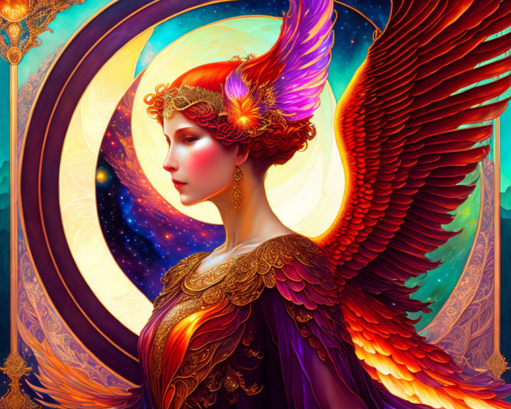 Illustration: Woman with red hair, golden headpiece, wings, cosmic backdrop.