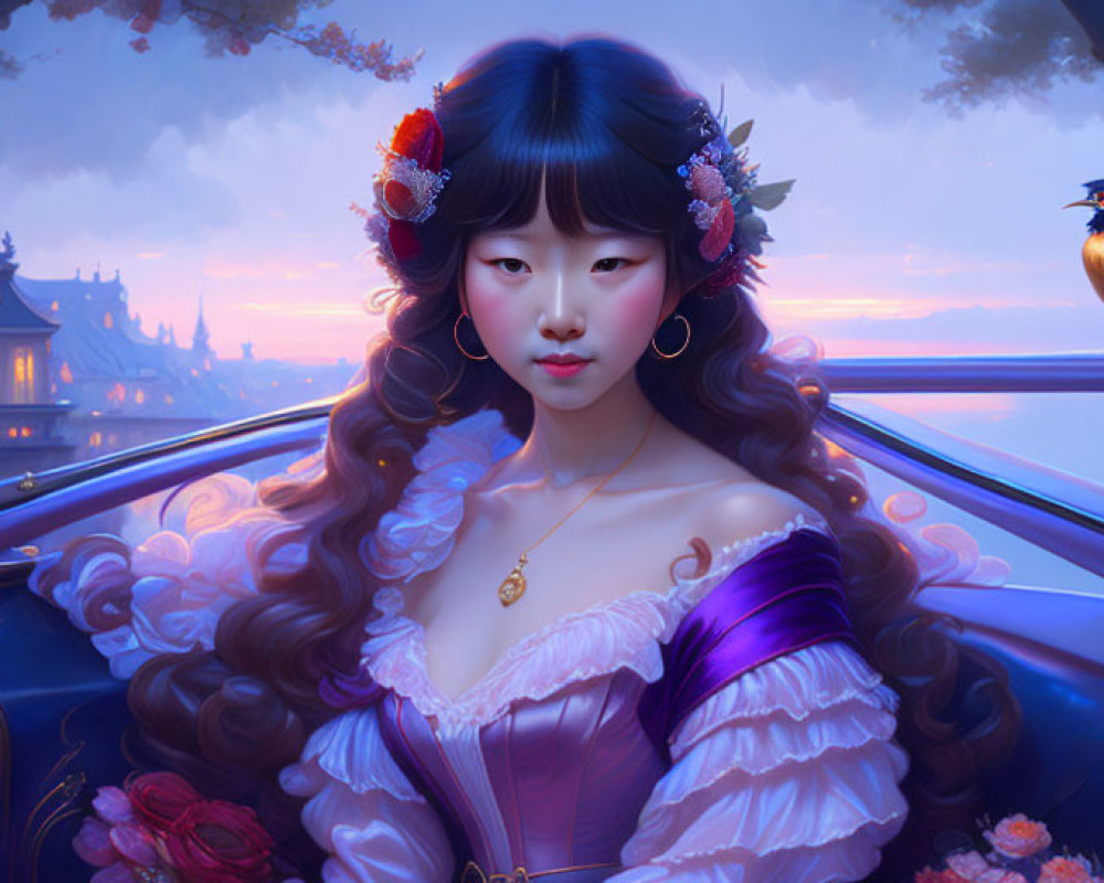 Digital Artwork: Woman in Purple Gown with Bird in Twilight