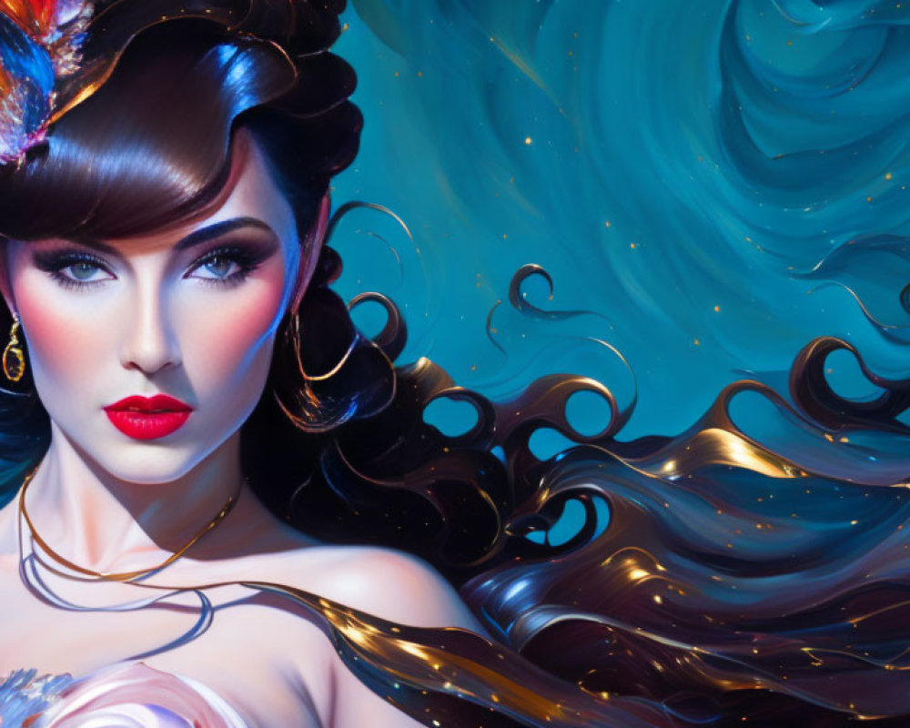 Vibrant portrait of woman with flowing hair on blue background