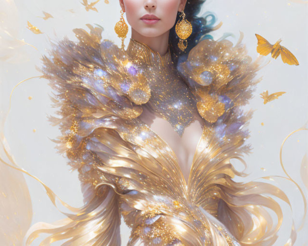 Blue-haired woman in golden gown with butterflies