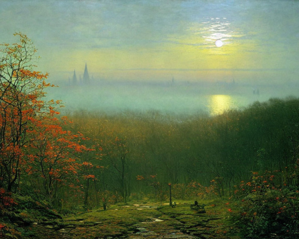 Tranquil sunset landscape with misty river, autumn forest, and silhouetted buildings