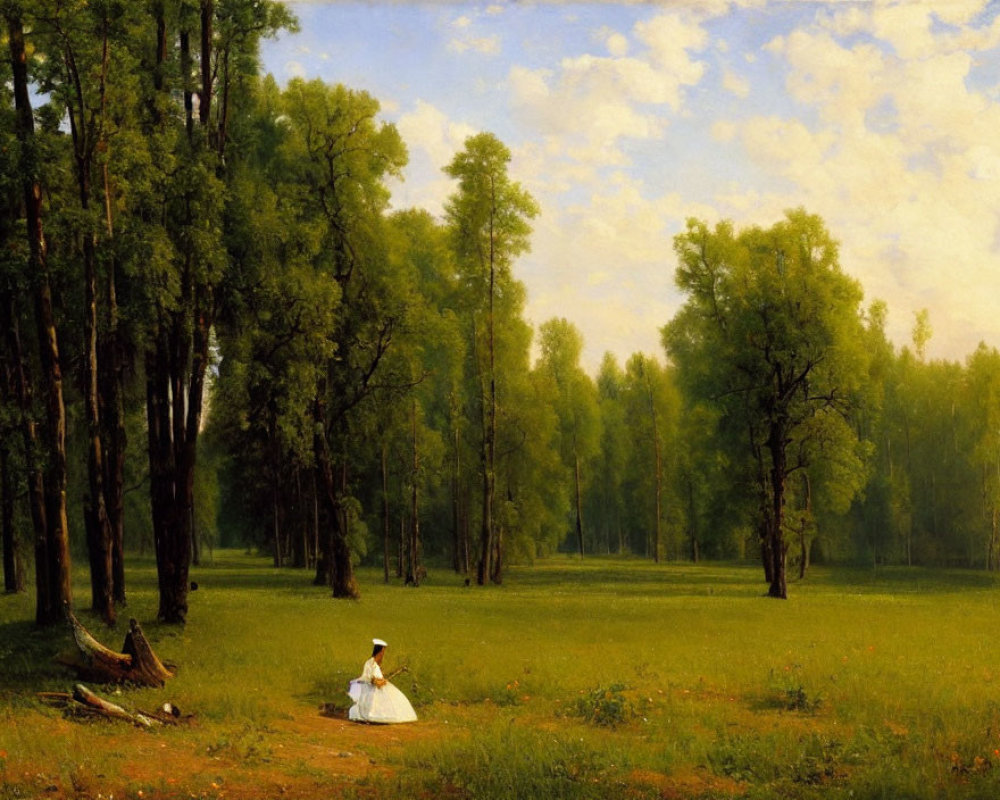 Tranquil landscape: woman in white dress in sunny meadow.