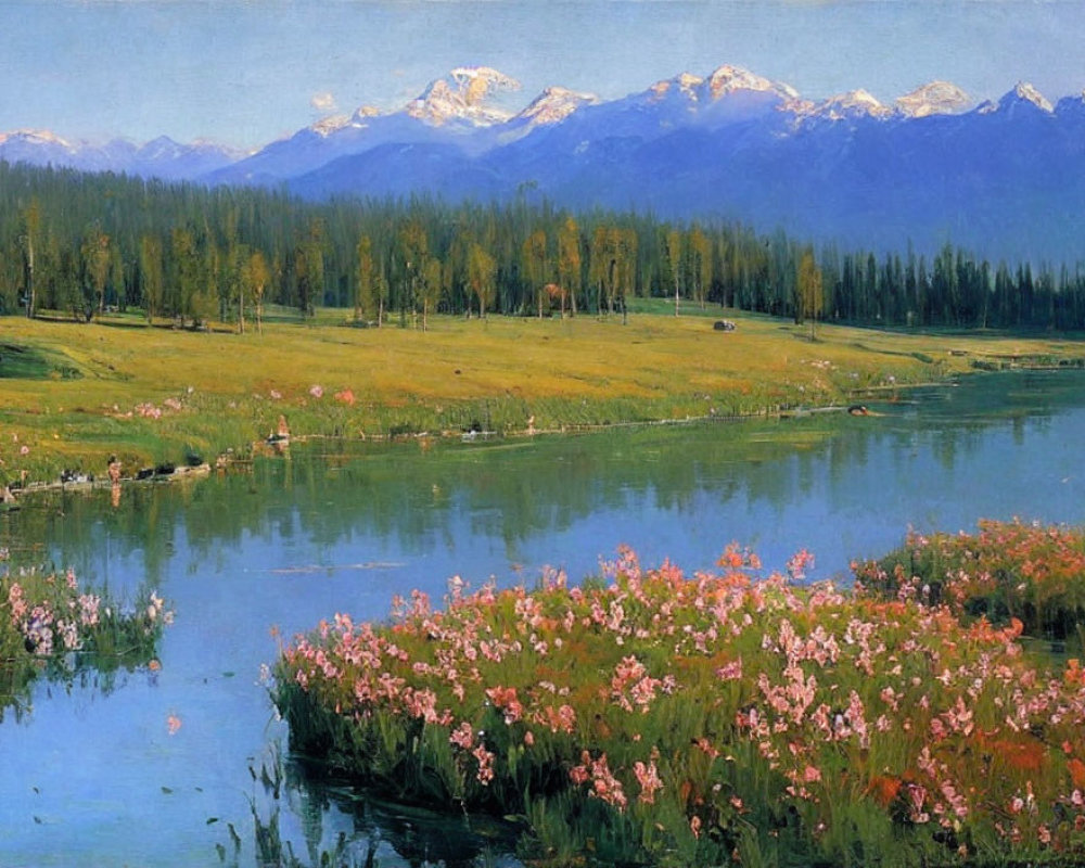 Tranquil landscape: flowering meadow, calm river, snow-capped mountains