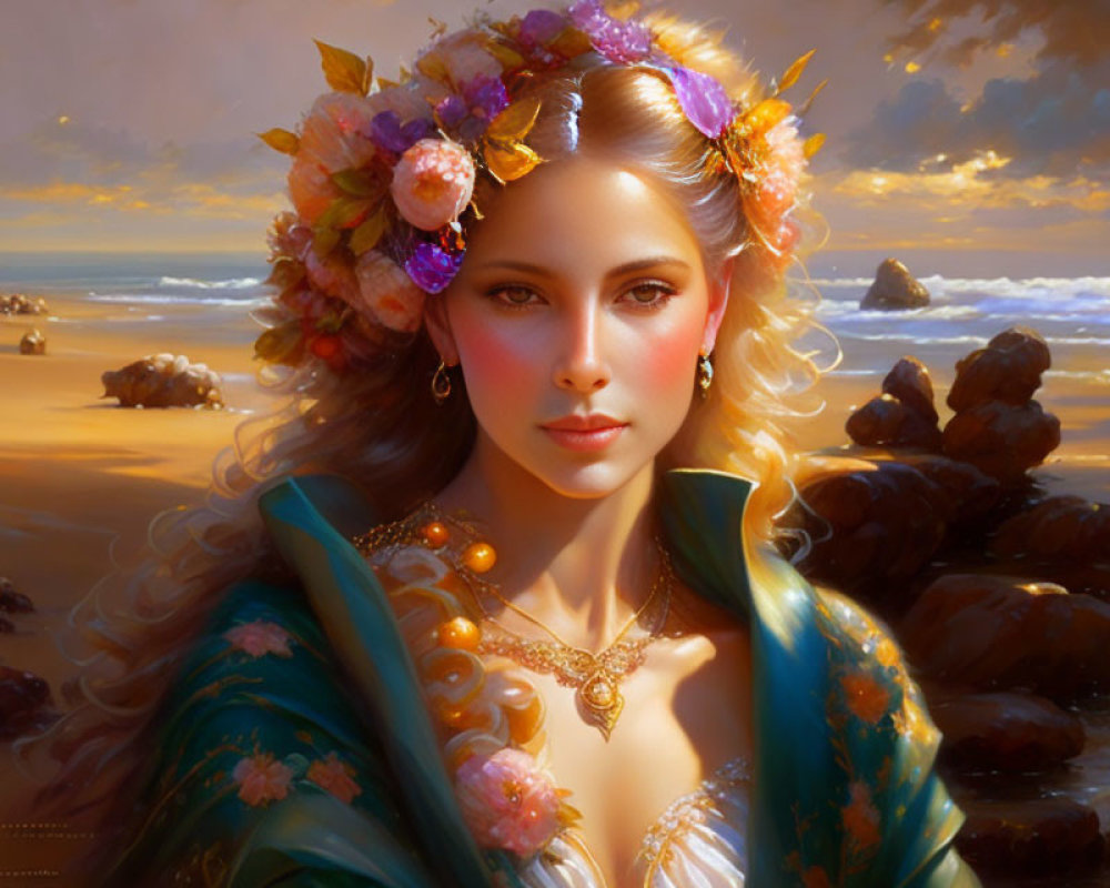Woman in Floral Headdress and Green Cloak Gazes at Sunset Beach