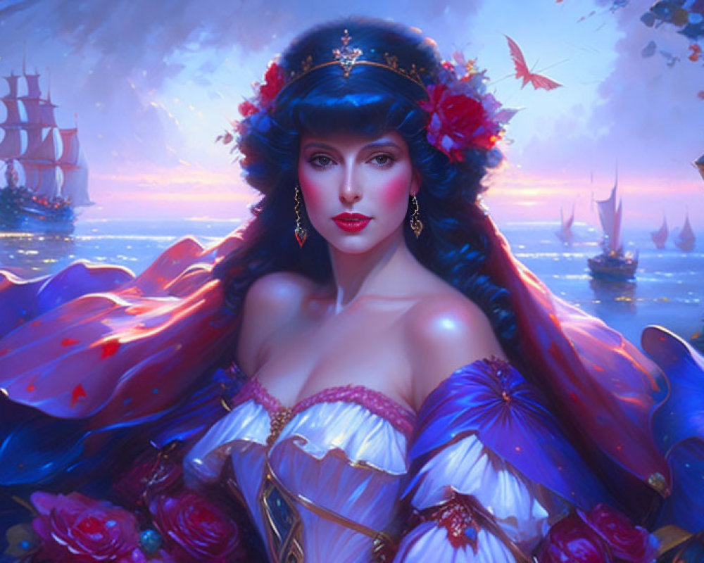 Fantasy portrait of woman in blue and red floral attire in magical seascape with ships and lanterns