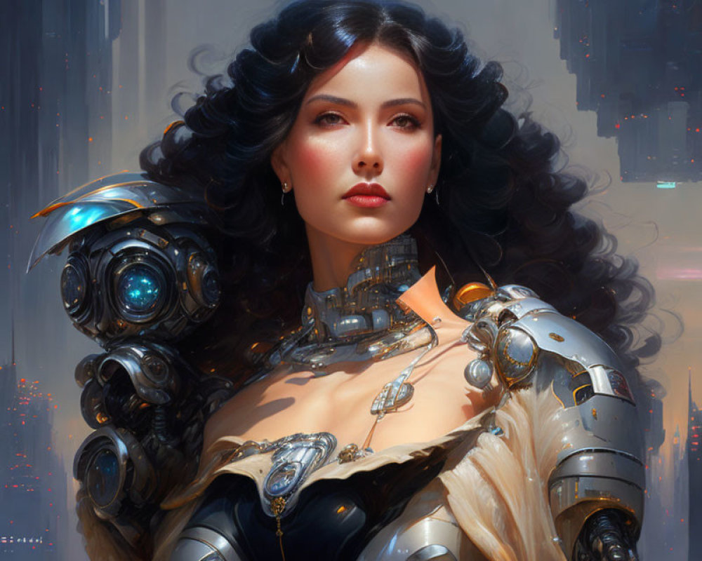 Digital artwork: Woman with dark hair, futuristic robotic body, blurred city backdrop
