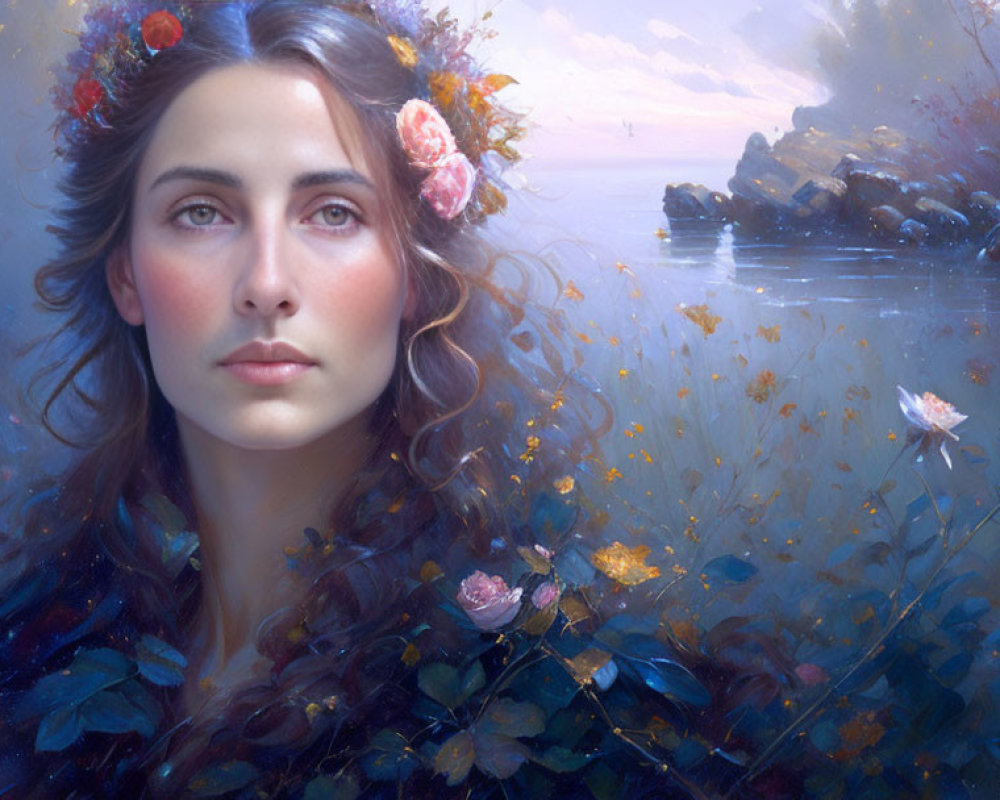 Woman with Flowers in Hair in Serene Landscape