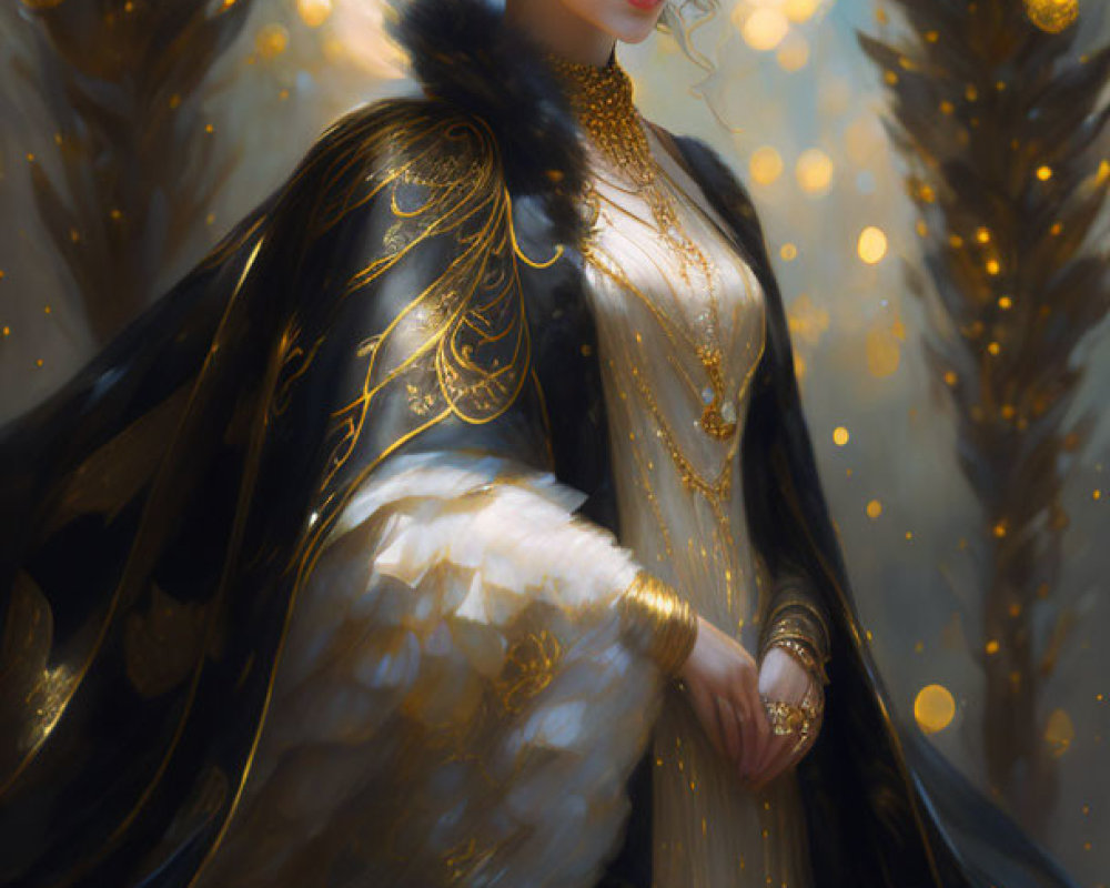 Ethereal woman in black and gold cloak with feather motif and jewelry against glowing background