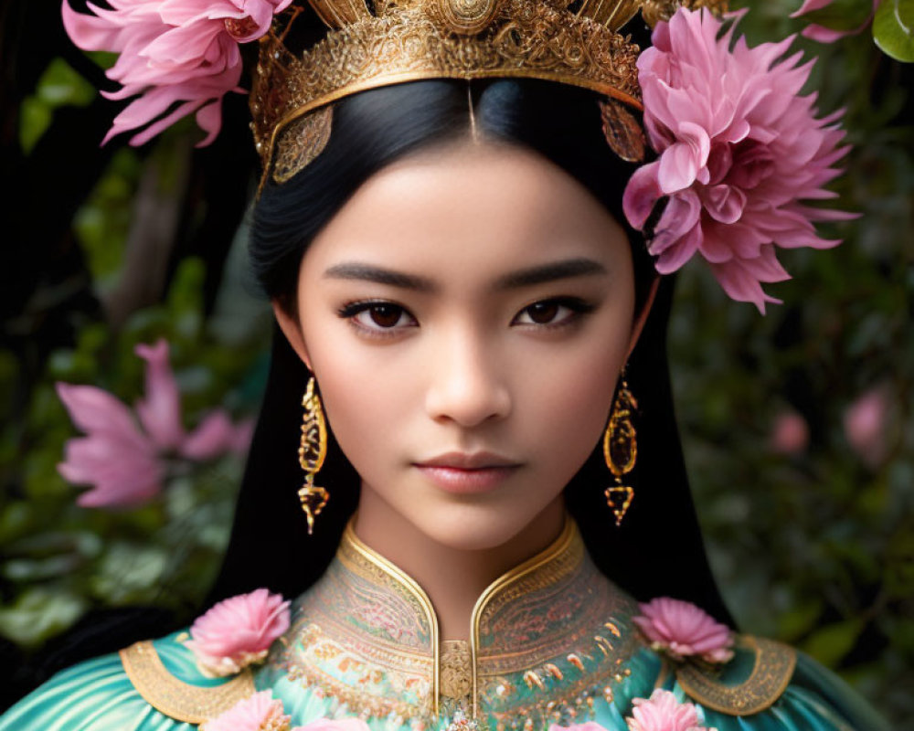 Regal woman in golden crown and turquoise dress with pink flowers