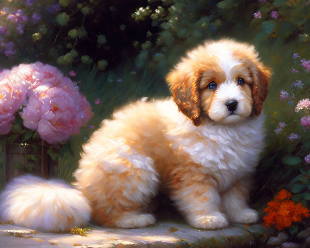 Fluffy brown and white puppy in sunlit garden with pink flowers