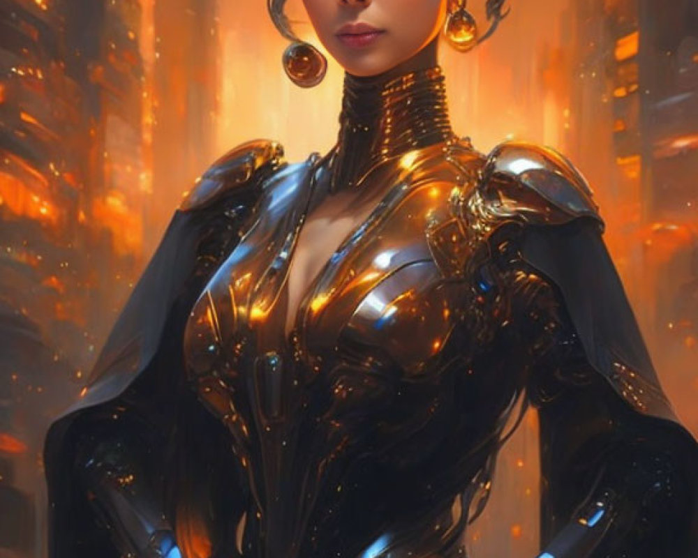 Futuristic woman in black and gold armor against cityscape.