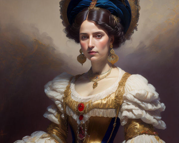 Portrait of woman in historical dress with blue turban hat, gold earrings, and necklace.