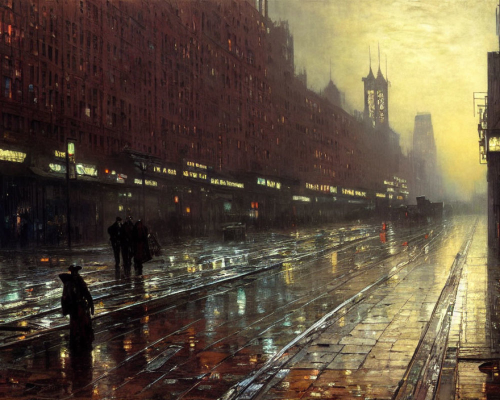 City street scene with figures and umbrellas at dusk in rainy weather