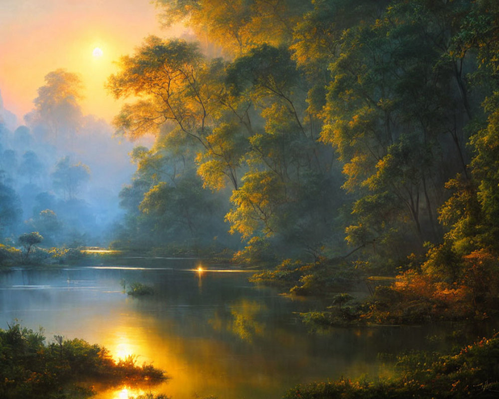 Tranquil forest river at sunrise with mist and lush green foliage