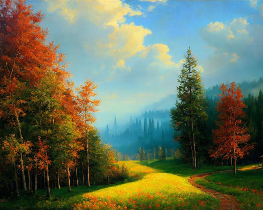 Tranquil autumn landscape with vibrant trees and misty forest
