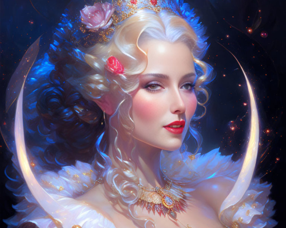 Ethereal woman with pale skin and wavy blonde hair adorned with flowers and golden crown surrounded by