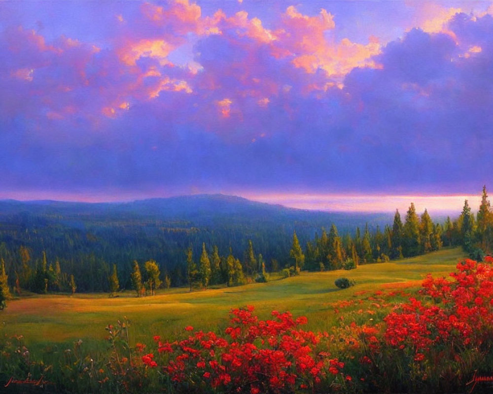 Vibrant pink and purple dusk landscape with green fields and dense treeline